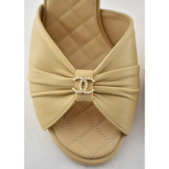 CHANEL Peep Toe Heels for Women with Upper Leather for sale  Chanel 20P Beige Lambskin Leather CC Pearl Ankle Strap Sandals Heel Pump 38.5c